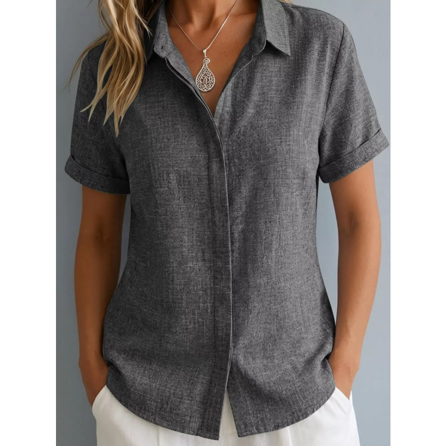Full Size Collared Neck Short Sleeve Shirt Plus Size Dark Gray / S Apparel and Accessories