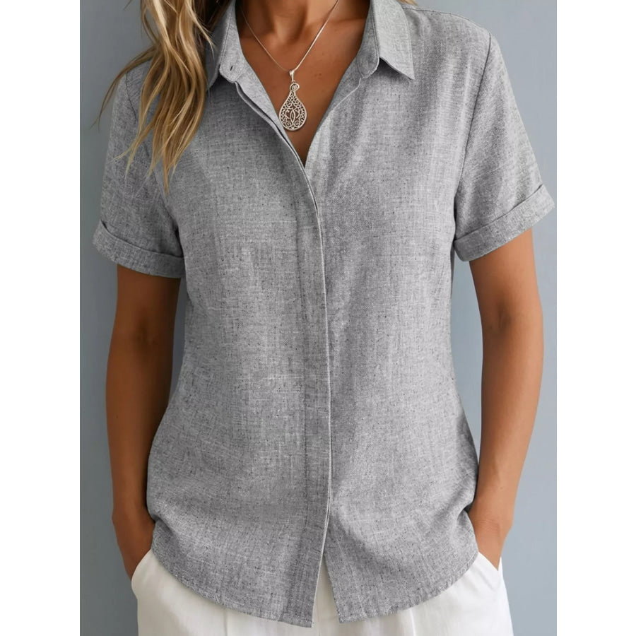 Full Size Collared Neck Short Sleeve Shirt Plus Size Gray / S Apparel and Accessories