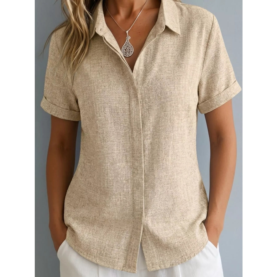 Full Size Collared Neck Short Sleeve Shirt Plus Size Khaki / S Apparel and Accessories