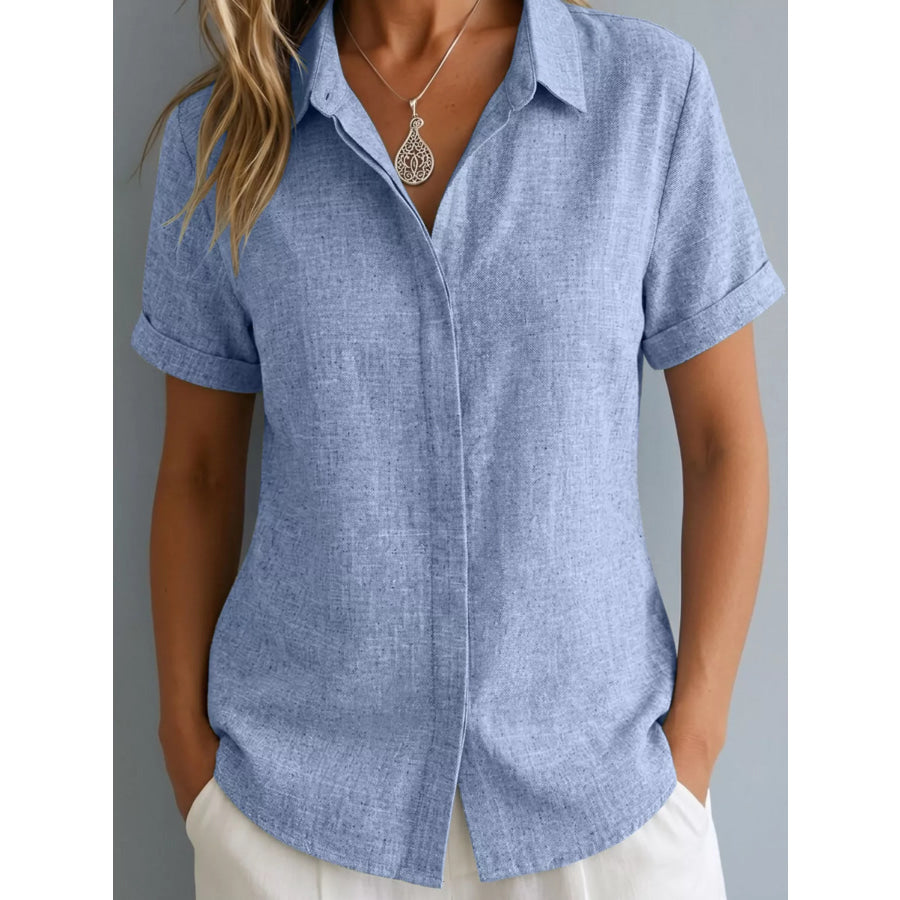Full Size Collared Neck Short Sleeve Shirt Plus Size Light Blue / S Apparel and Accessories