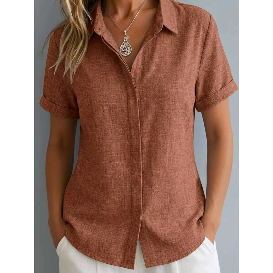 Full Size Collared Neck Short Sleeve Shirt Plus Size Light Brown / S Apparel and Accessories