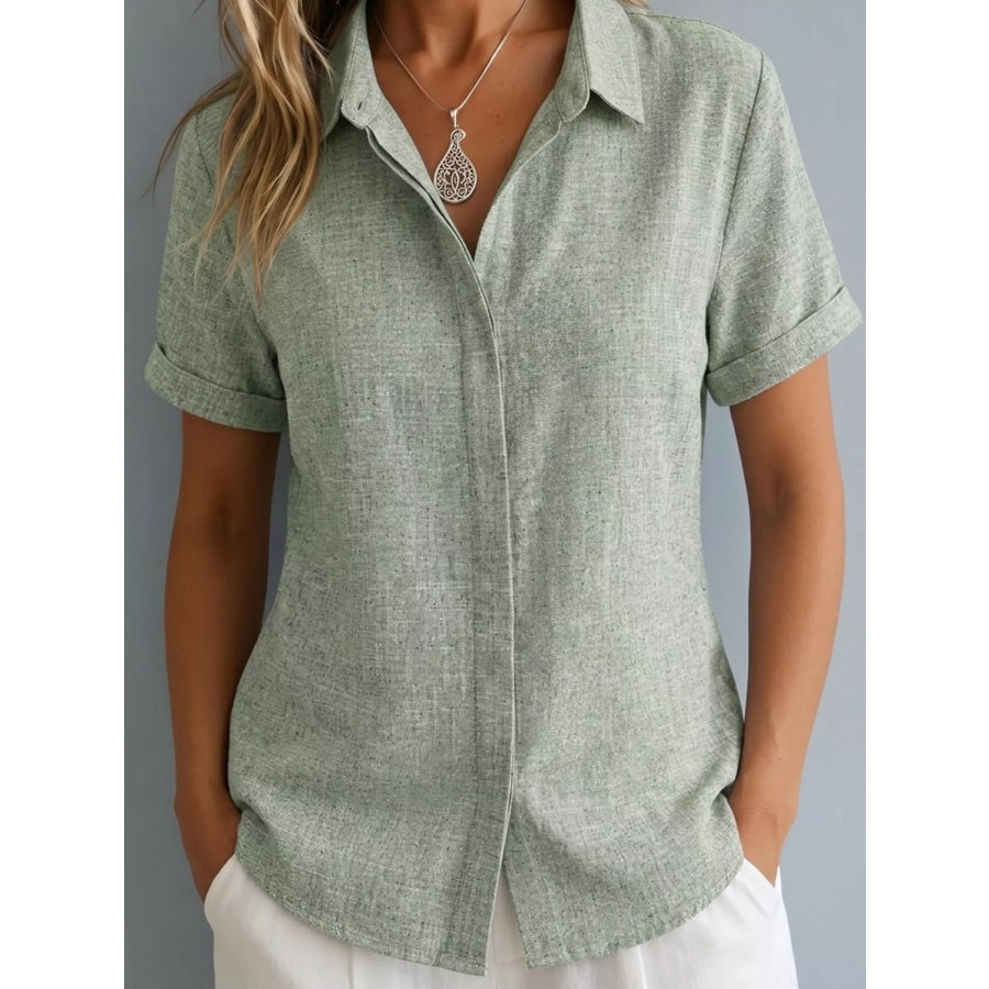 Full Size Collared Neck Short Sleeve Shirt Plus Size Light Green / S Apparel and Accessories