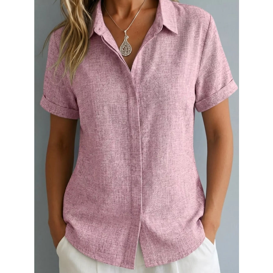 Full Size Collared Neck Short Sleeve Shirt Plus Size Pink / S Apparel and Accessories
