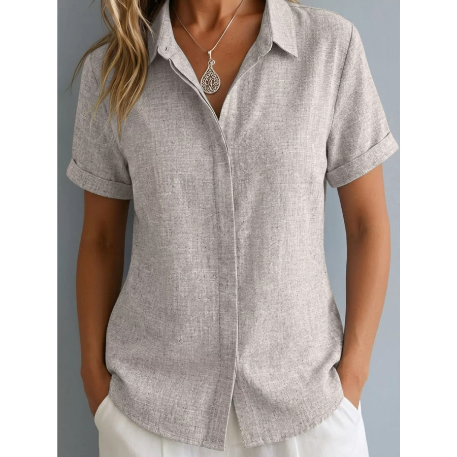 Full Size Collared Neck Short Sleeve Shirt Plus Size Silver Gray / S Apparel and Accessories
