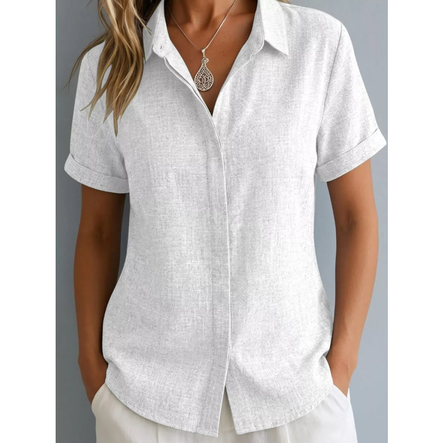Full Size Collared Neck Short Sleeve Shirt Plus Size White / S Apparel and Accessories