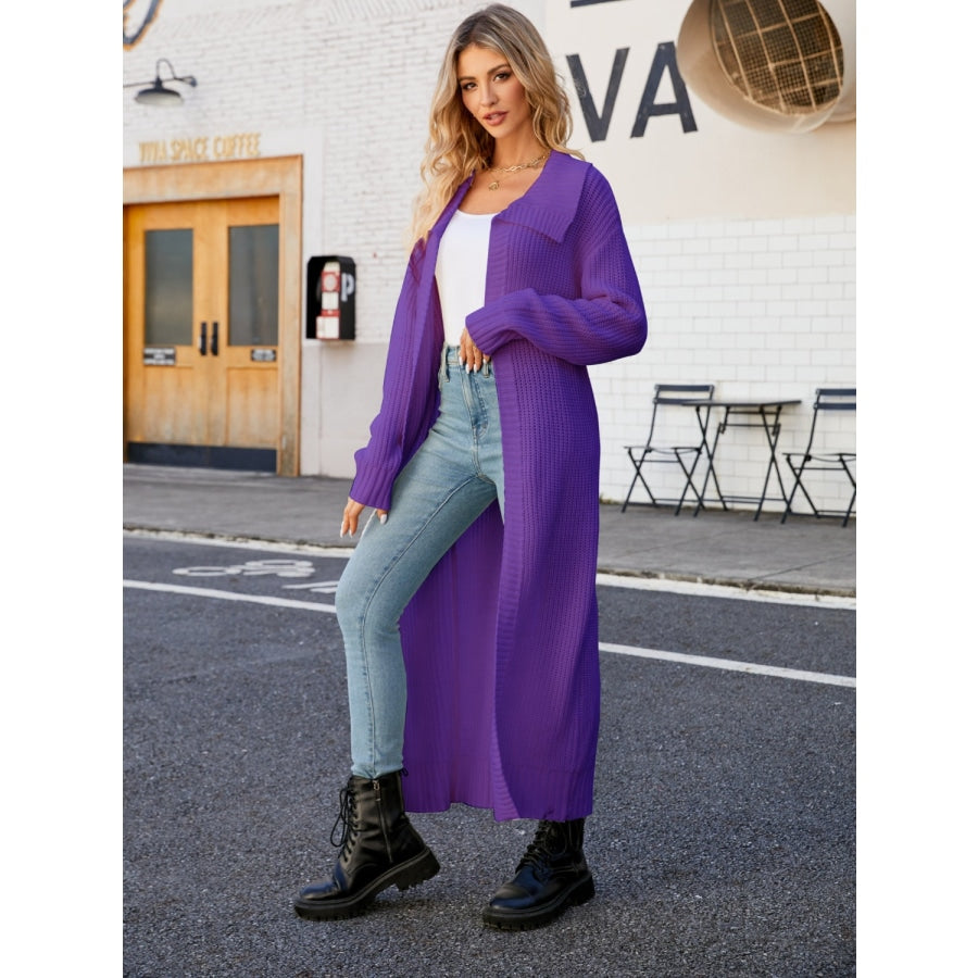 Full Size Collared Open Front Duster Cardigan Violet / S