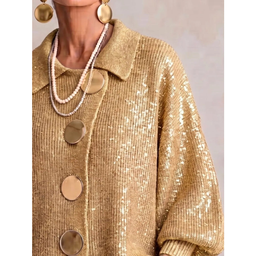 Full Size Collared Wavy Hem Knit Cardigan with Metal Button Plus Apparel and Accessories