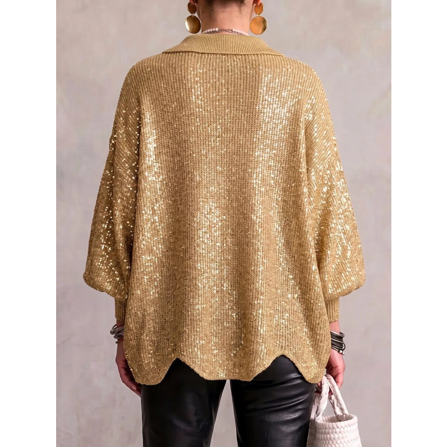 Full Size Collared Wavy Hem Knit Cardigan with Metal Button Plus Apparel and Accessories