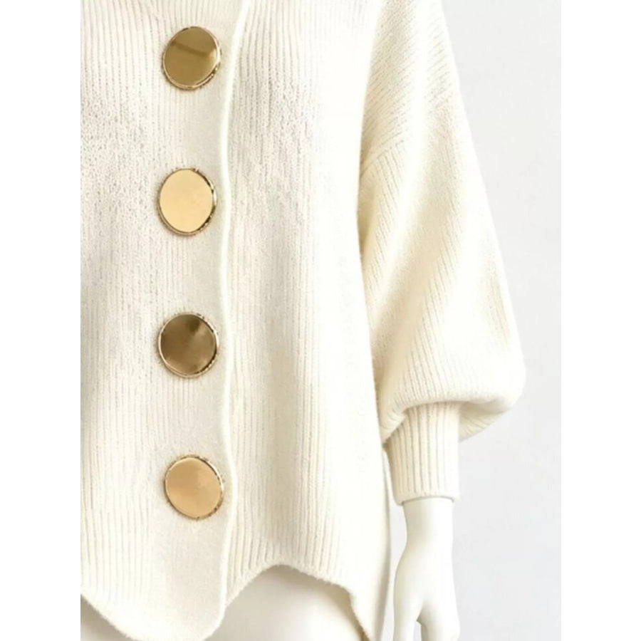 Full Size Collared Wavy Hem Knit Cardigan with Metal Button Plus Apparel and Accessories