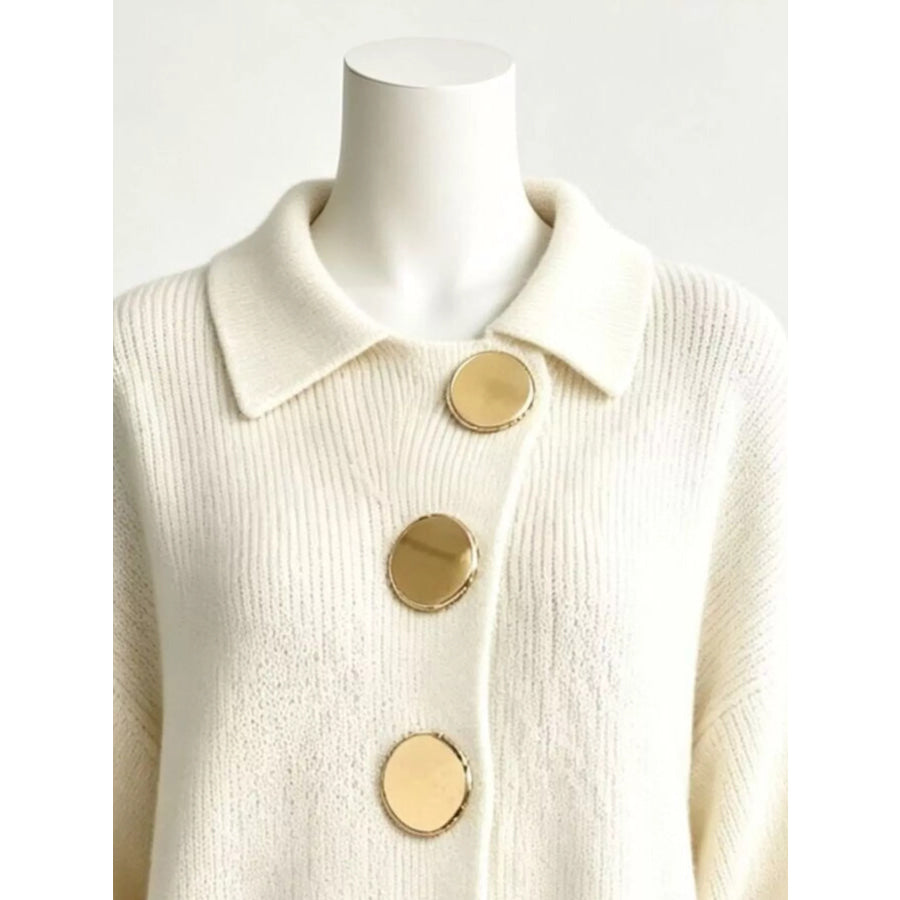 Full Size Collared Wavy Hem Knit Cardigan with Metal Button Plus Apparel and Accessories