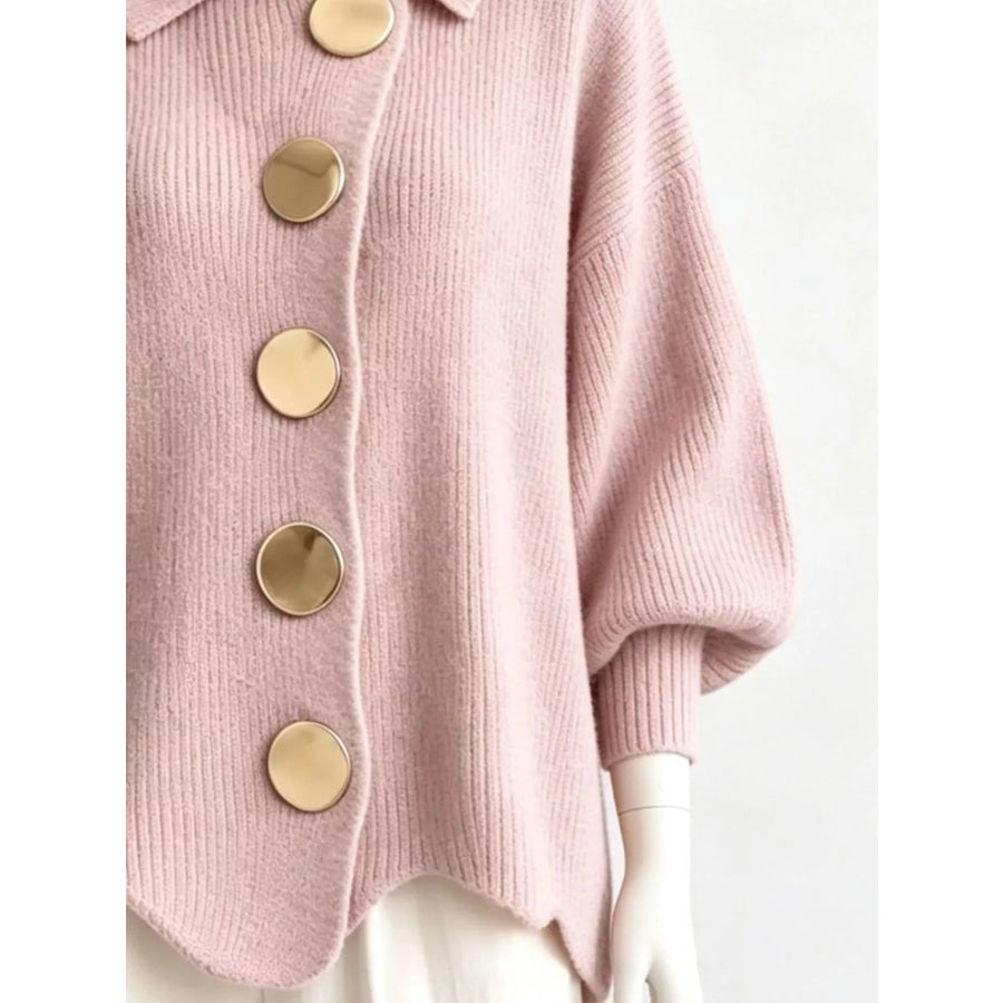 Full Size Collared Wavy Hem Knit Cardigan with Metal Button Plus Apparel and Accessories