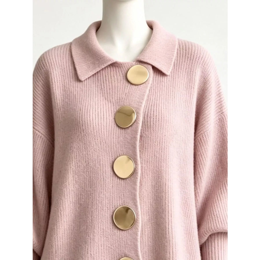 Full Size Collared Wavy Hem Knit Cardigan with Metal Button Plus Apparel and Accessories