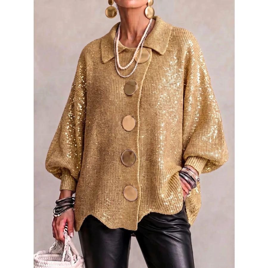 Full Size Collared Wavy Hem Knit Cardigan with Metal Button Plus Camel / S Apparel and Accessories