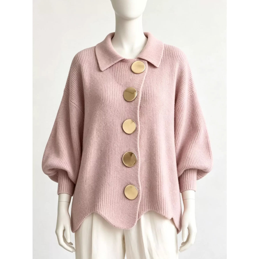 Full Size Collared Wavy Hem Knit Cardigan with Metal Button Plus Dusty Pink / S Apparel and Accessories
