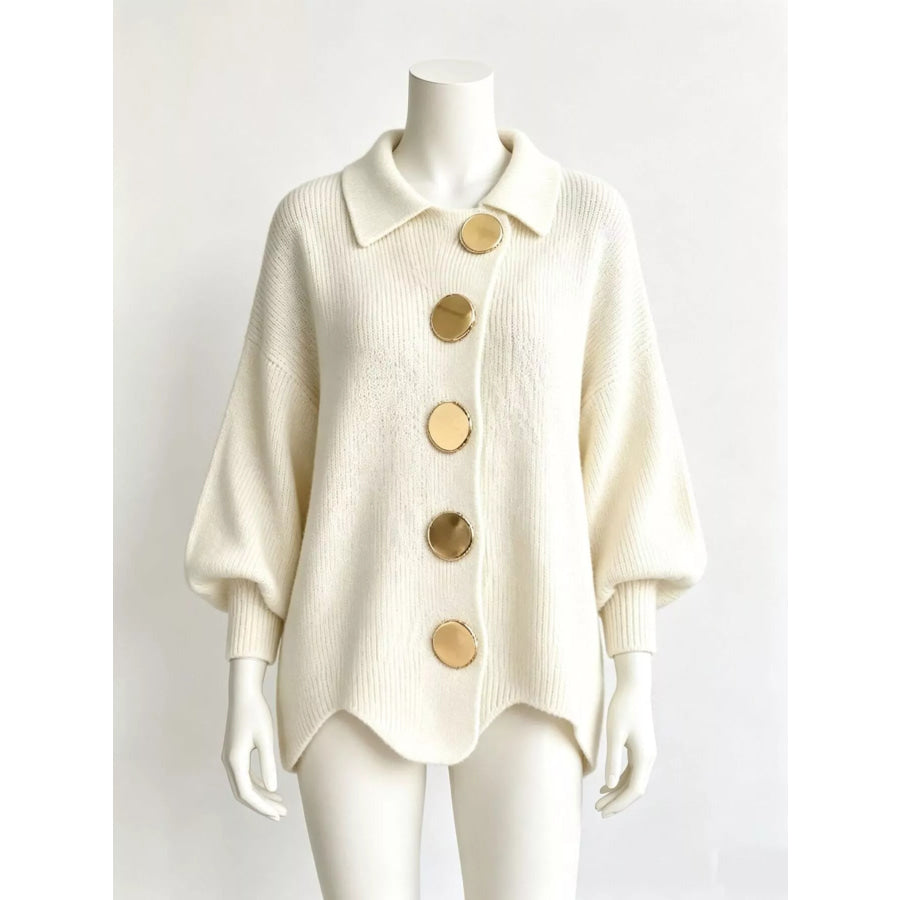 Full Size Collared Wavy Hem Knit Cardigan with Metal Button Plus White / S Apparel and Accessories