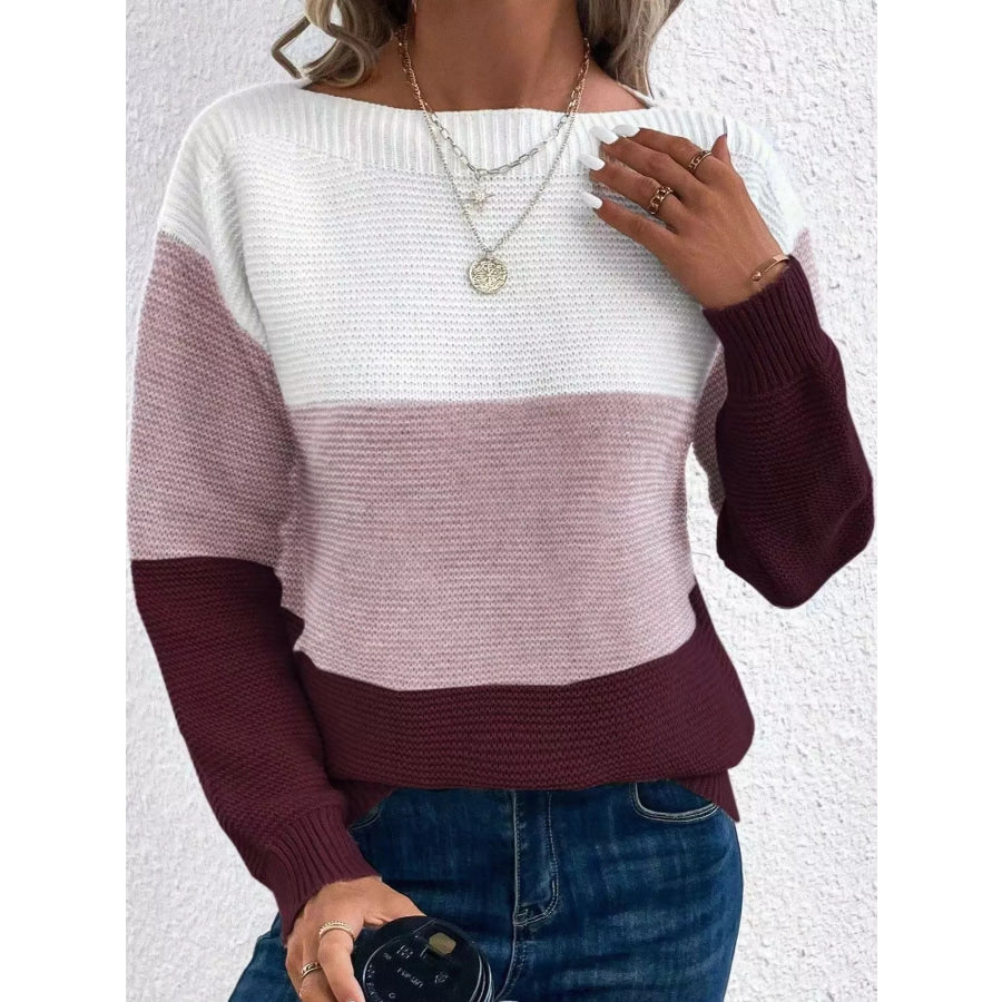 Full Size Color-Block Boat Neck Sweater Plus Dark Red / S Apparel and Accessories