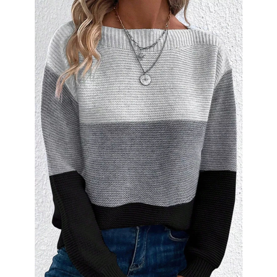 Full Size Color-Block Boat Neck Sweater Plus Gray And White / S Apparel Accessories