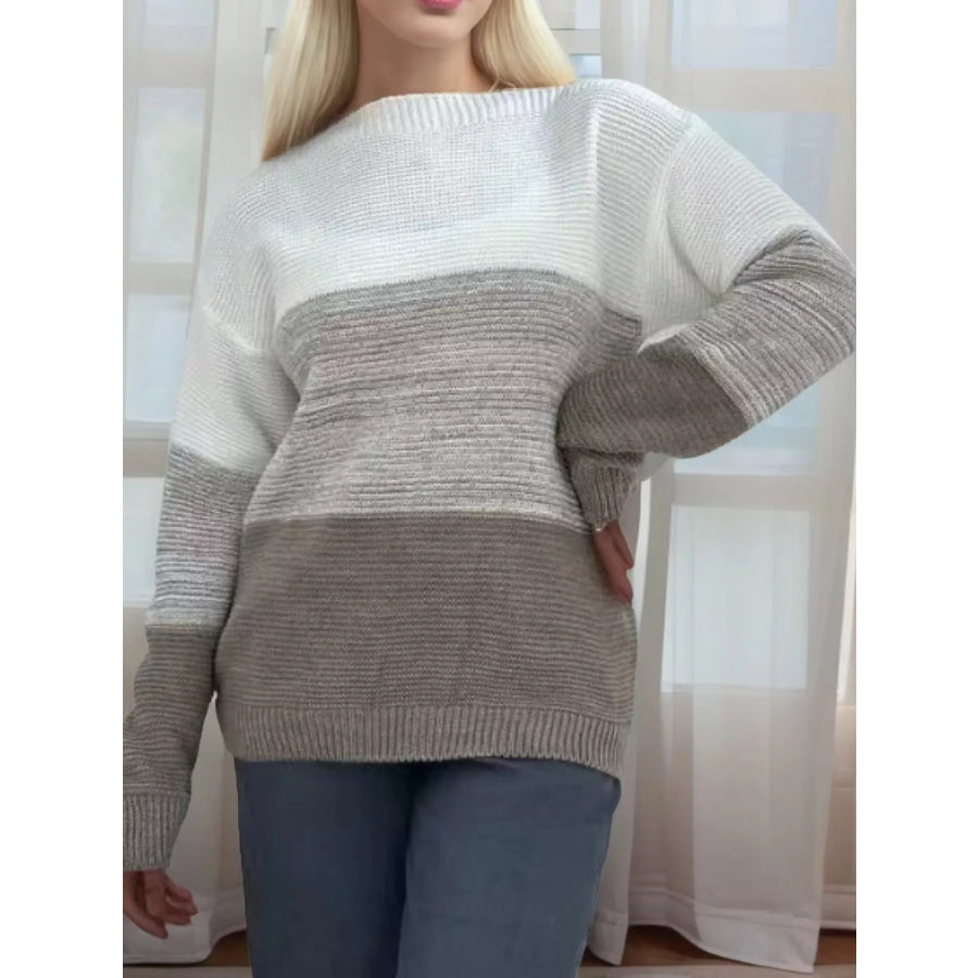 Full Size Color-Block Boat Neck Sweater Plus Khaki / S Apparel and Accessories