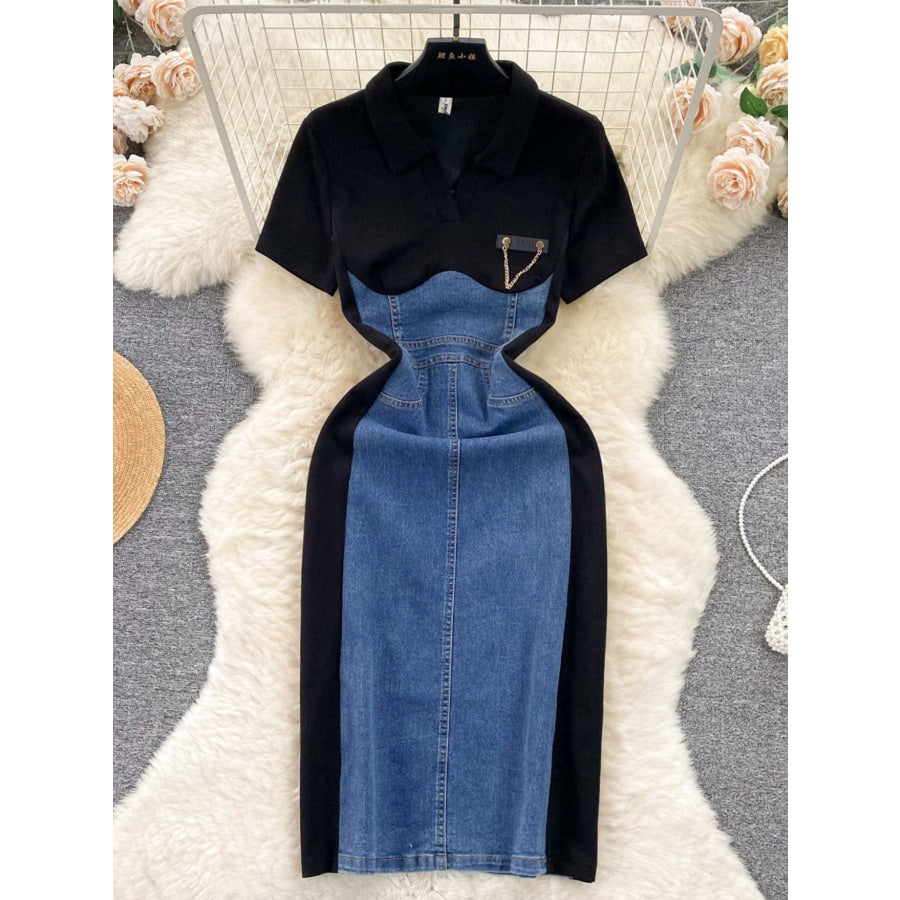 Full Size Color Block Denim Patchwork Bodycon Mini Dress Plus Size Apparel and Accessories