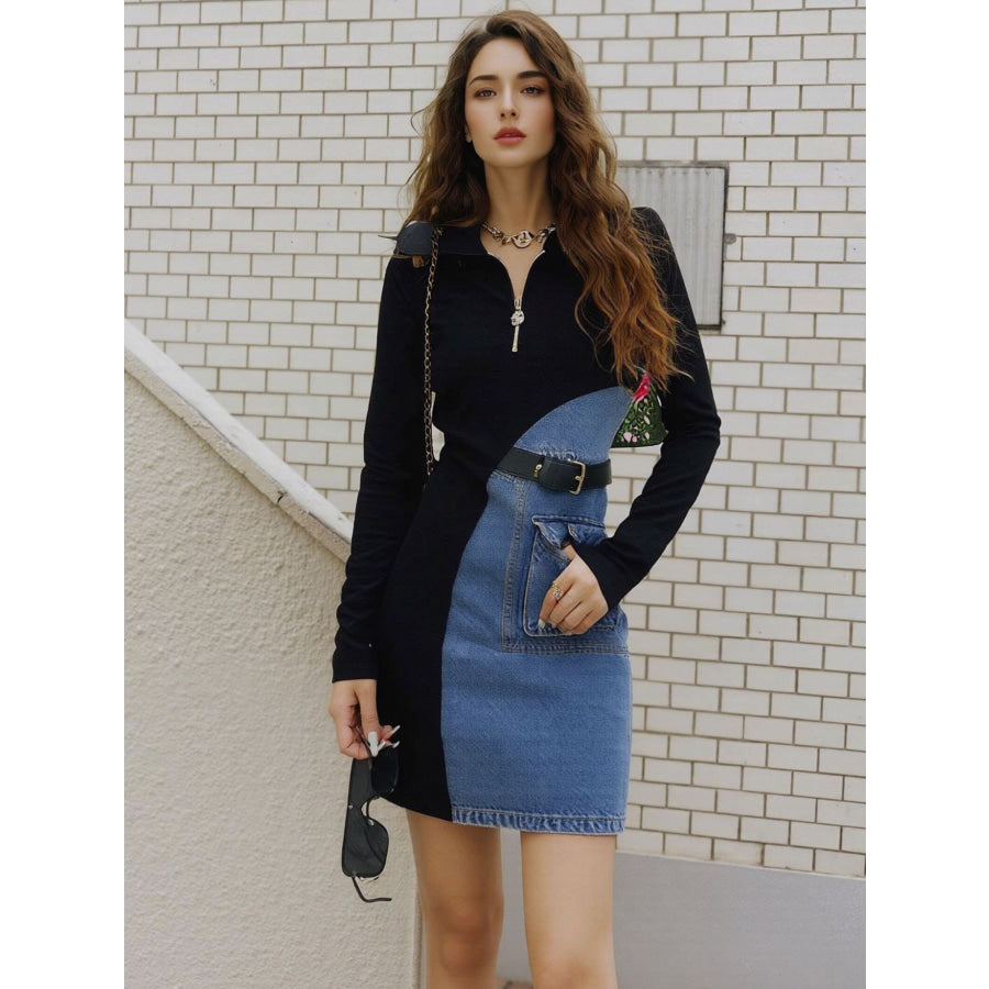 Full Size Color Block Denim Patchwork Mini Dress Plus Size Blue / S Apparel and Accessories