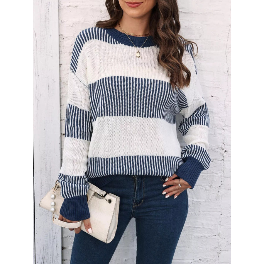 Full Size Color Block Dropped Shoulder Sweater Plus Size Apparel and Accessories