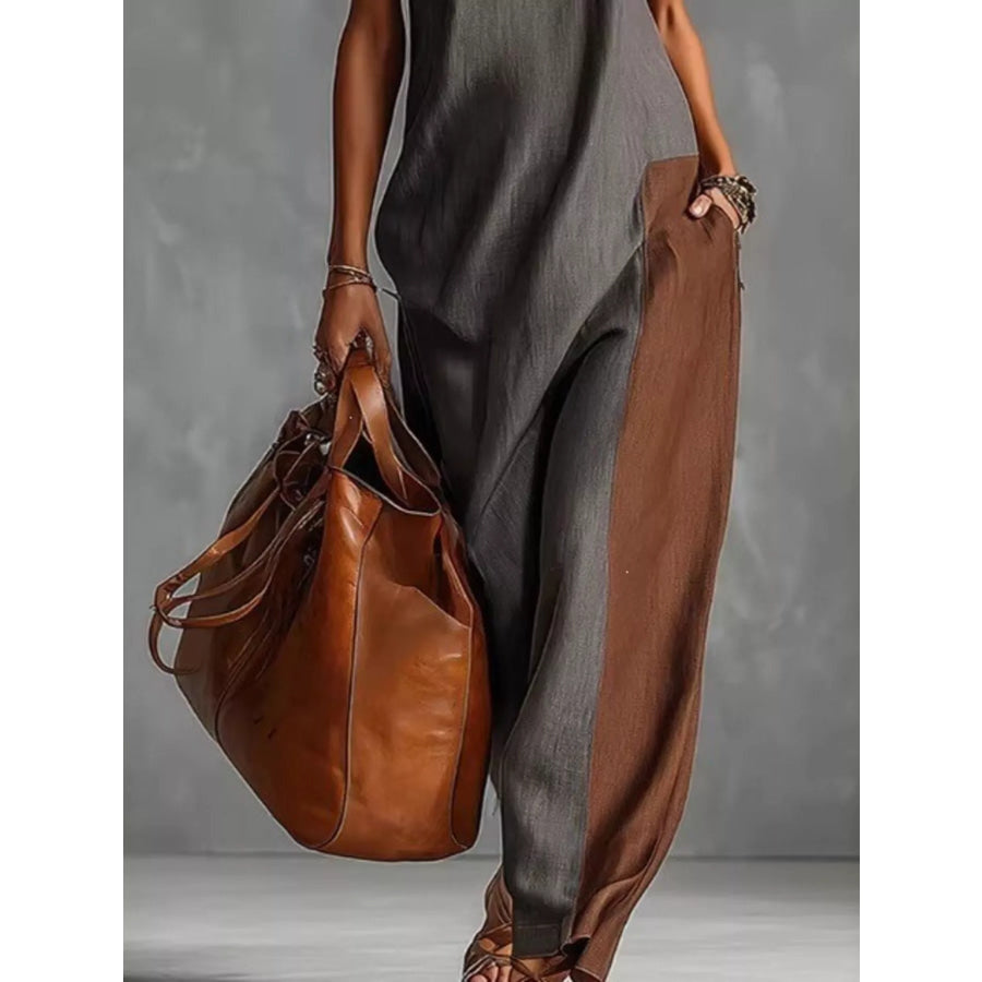 Full Size Color Block Mock Neck Sleeveless Maxi Dress Plus Size Apparel and Accessories