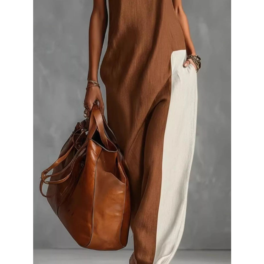 Full Size Color Block Mock Neck Sleeveless Maxi Dress Plus Size Apparel and Accessories