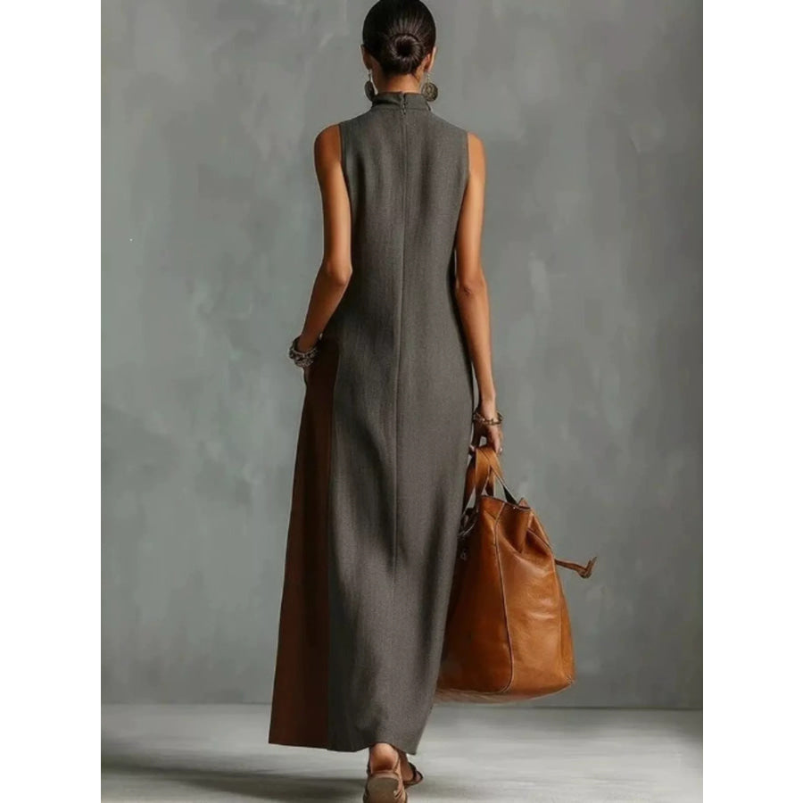 Full Size Color Block Mock Neck Sleeveless Maxi Dress Plus Size Apparel and Accessories