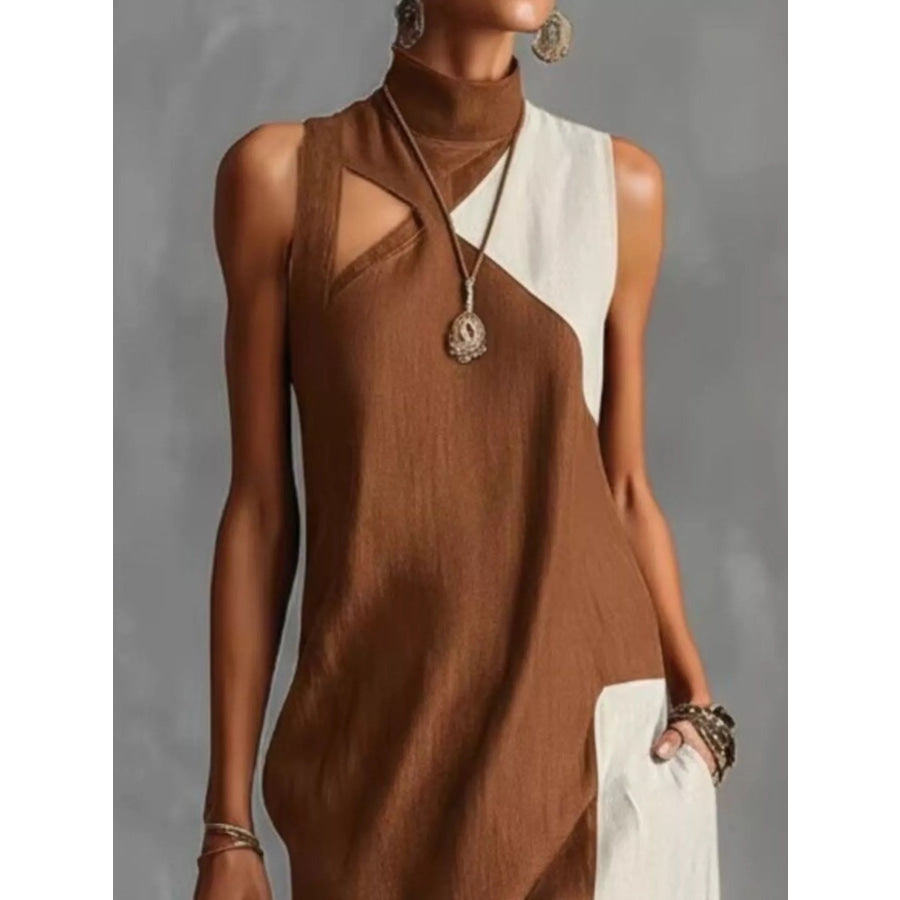 Full Size Color Block Mock Neck Sleeveless Maxi Dress Plus Size Apparel and Accessories