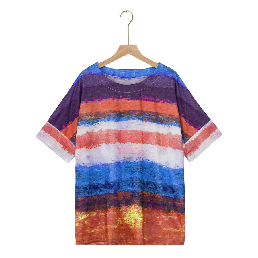 Full Size Color Block Round Neck Half Sleeve T-Shirt Orange-Red / S Apparel and Accessories