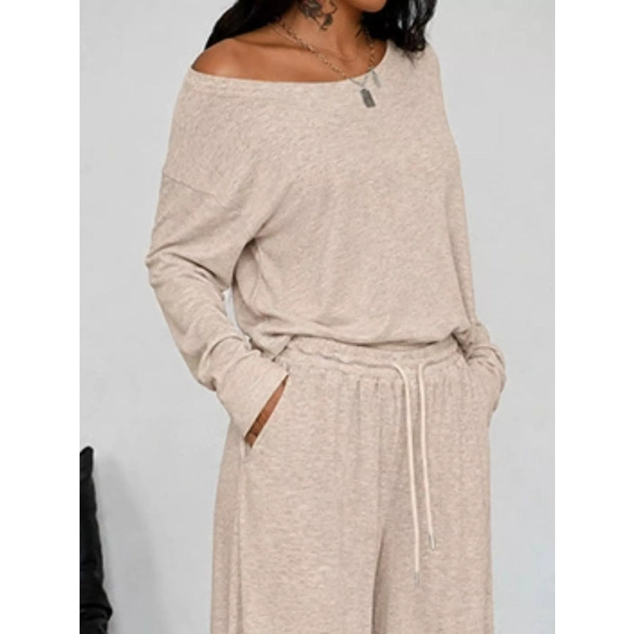 Full Size Comfortable Loose Fit One-Shoulder T-Shirt and Pants Set Plus Size Apparel and Accessories
