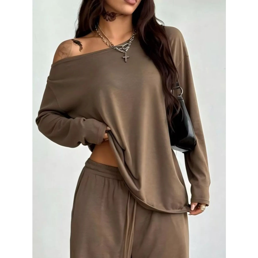 Full Size Comfortable Loose Fit One-Shoulder T-Shirt and Pants Set Plus Size Apparel and Accessories