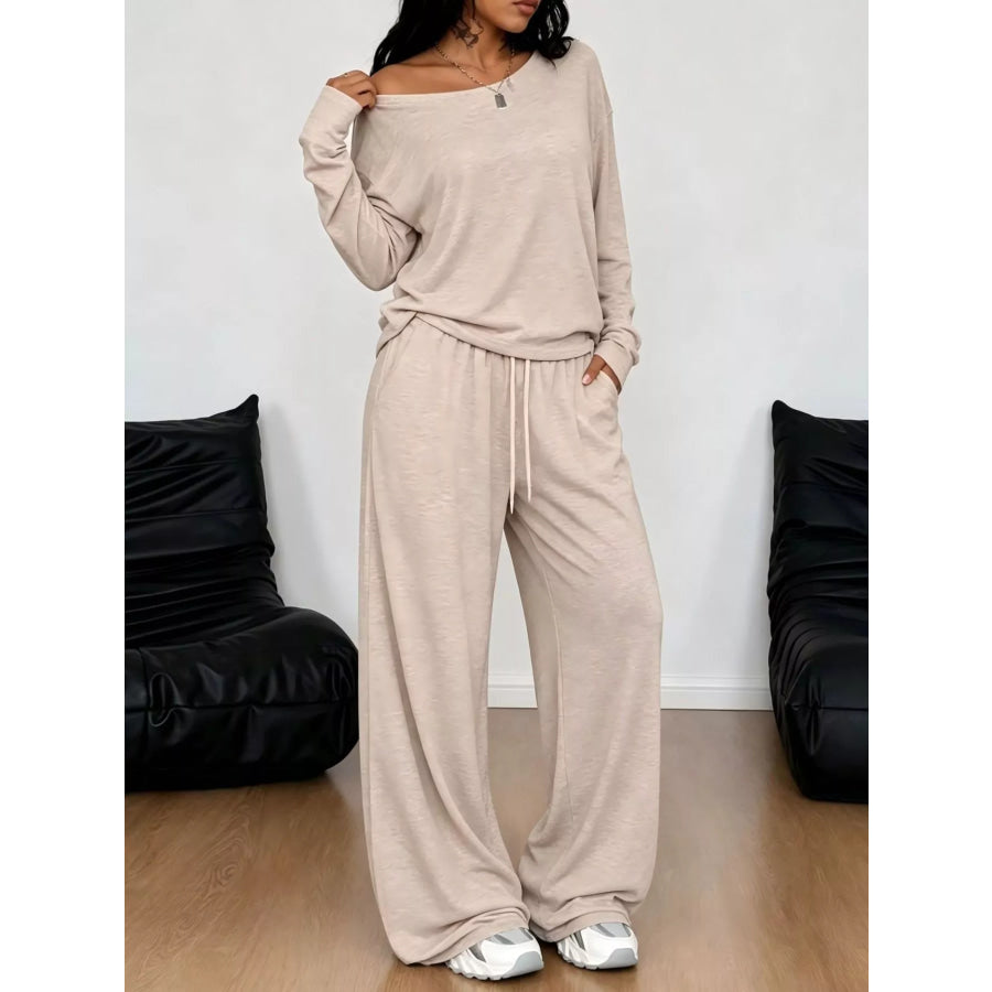 Full Size Comfortable Loose Fit One-Shoulder T-Shirt and Pants Set Plus Size Apparel and Accessories