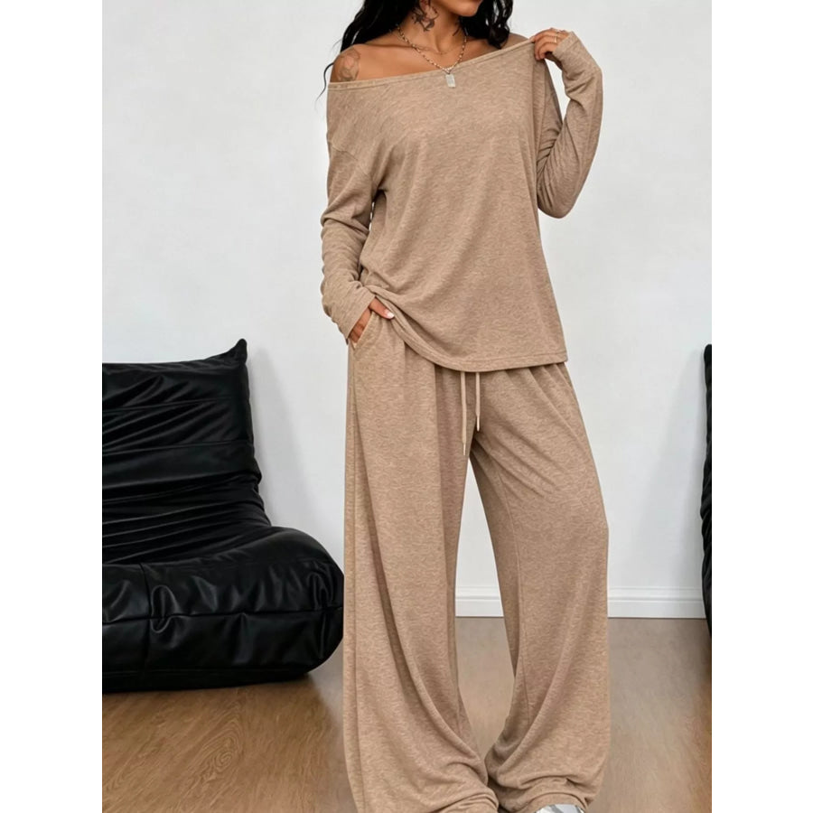 Full Size Comfortable Loose Fit One-Shoulder T-Shirt and Pants Set Plus Size Apparel and Accessories