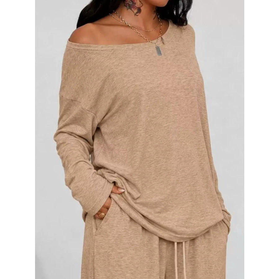 Full Size Comfortable Loose Fit One-Shoulder T-Shirt and Pants Set Plus Size Apparel and Accessories