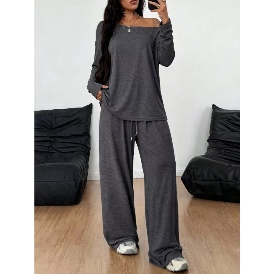 Full Size Comfortable Loose Fit One-Shoulder T-Shirt and Pants Set Plus Size Apparel and Accessories
