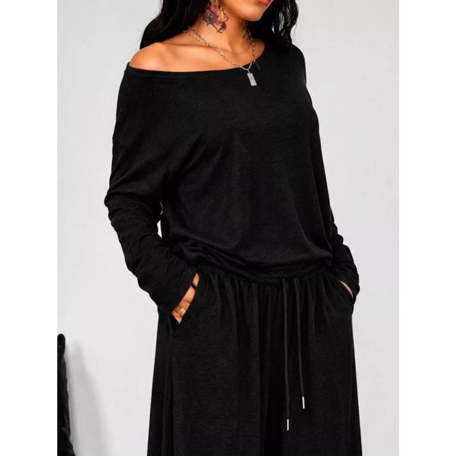 Full Size Comfortable Loose Fit One-Shoulder T-Shirt and Pants Set Plus Size Apparel and Accessories