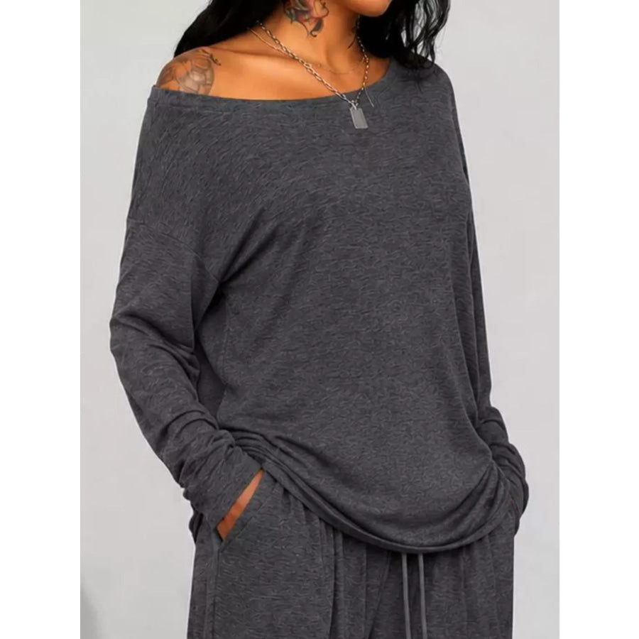 Full Size Comfortable Loose Fit One-Shoulder T-Shirt and Pants Set Plus Size Apparel and Accessories