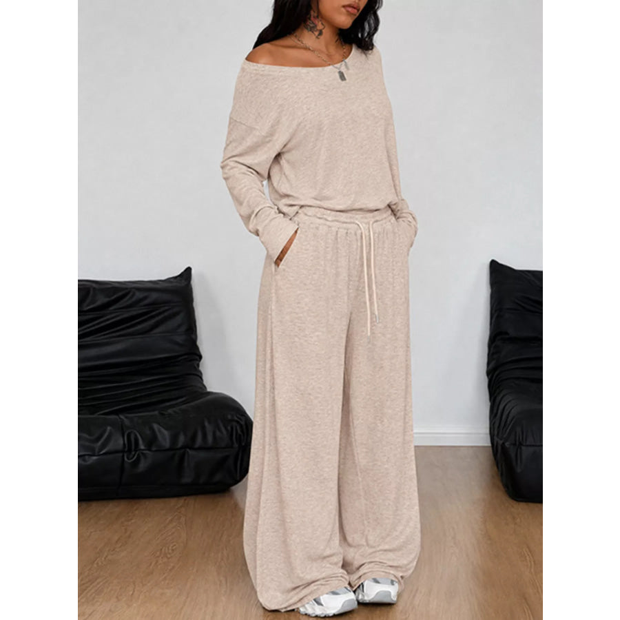 Full Size Comfortable Loose Fit One-Shoulder T-Shirt and Pants Set Plus Size Apricot / S Apparel and Accessories