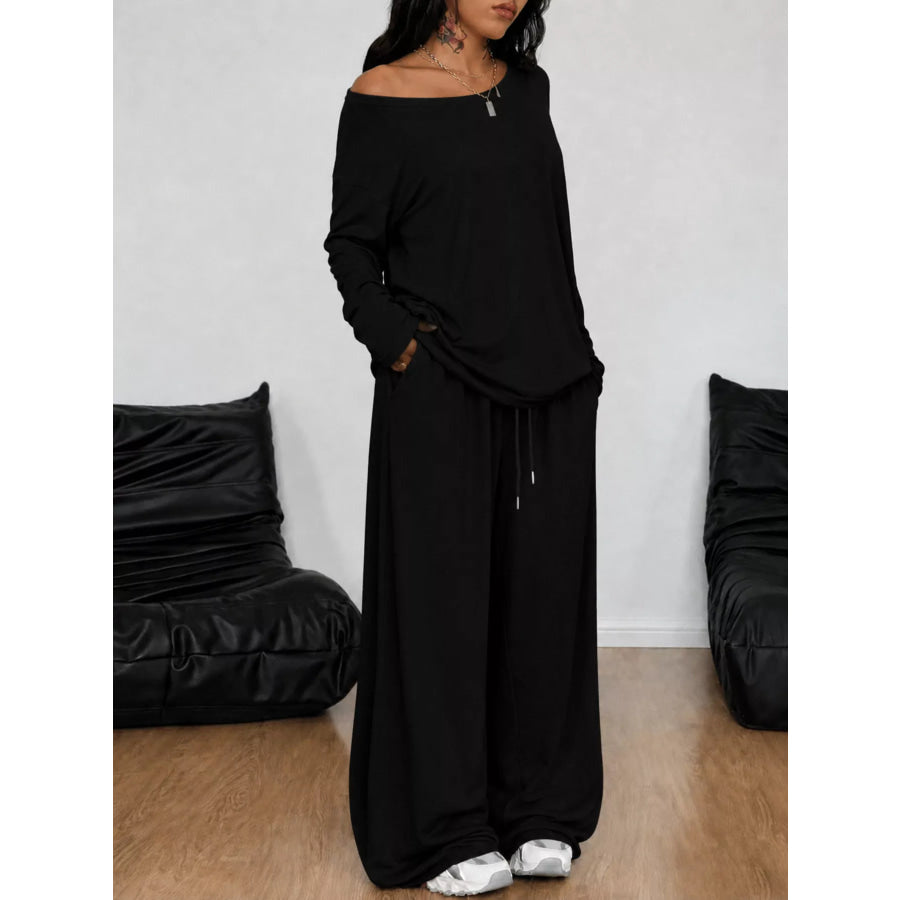 Full Size Comfortable Loose Fit One-Shoulder T-Shirt and Pants Set Plus Size Black / S Apparel and Accessories