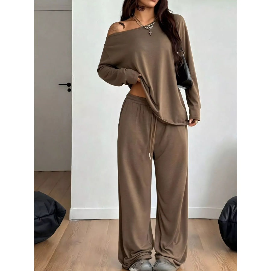 Full Size Comfortable Loose Fit One-Shoulder T-Shirt and Pants Set Plus Size Dark Brown / S Apparel and Accessories