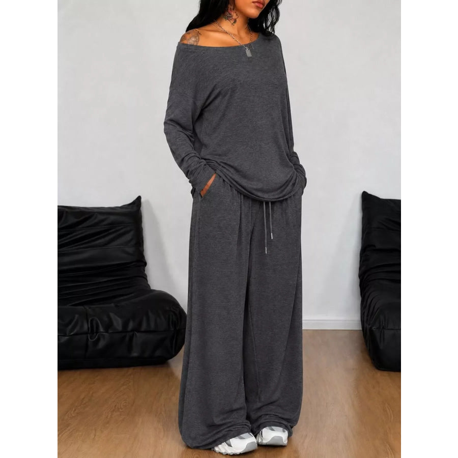Full Size Comfortable Loose Fit One-Shoulder T-Shirt and Pants Set Plus Size Dark Gray / S Apparel and Accessories