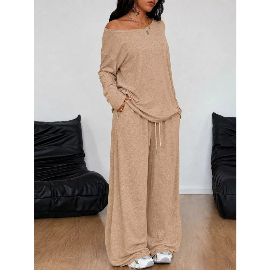 Full Size Comfortable Loose Fit One-Shoulder T-Shirt and Pants Set Plus Size Khaki / S Apparel and Accessories