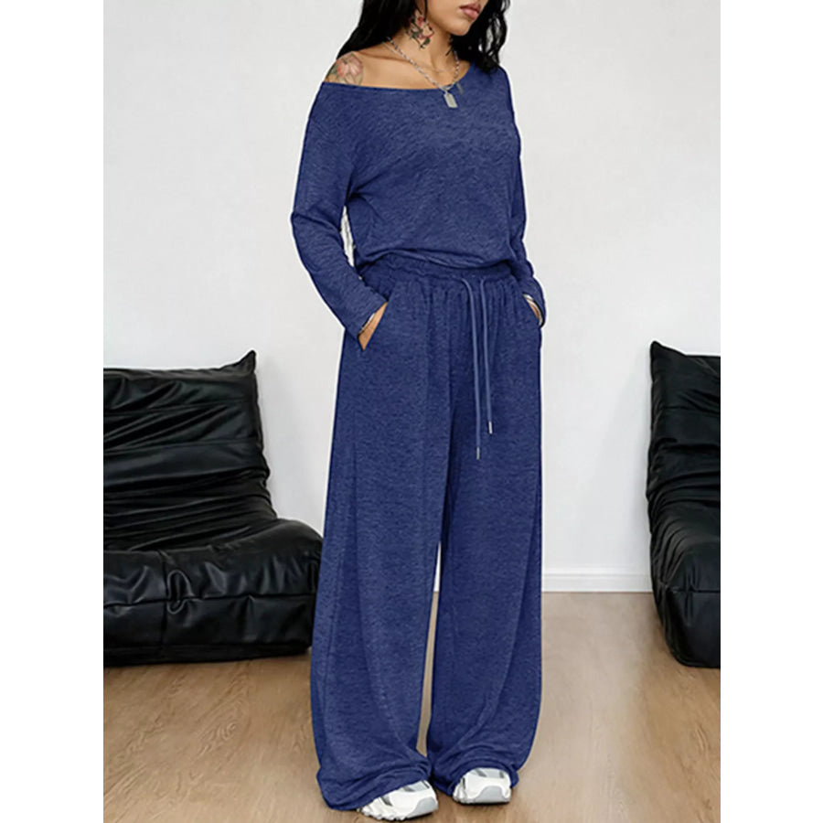 Full Size Comfortable Loose Fit One-Shoulder T-Shirt and Pants Set Plus Size Navy Blue / S Apparel and Accessories