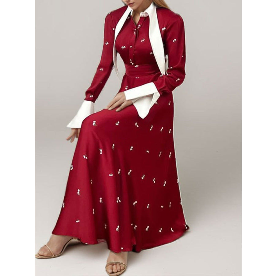 Full Size Contrast Collar Long Sleeve Midi Dress Plus Size Apparel and Accessories