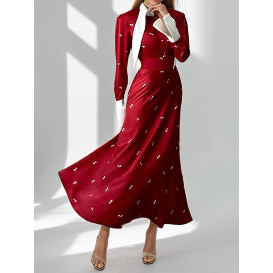 Full Size Contrast Collar Long Sleeve Midi Dress Plus Size Burgundy / S Apparel and Accessories