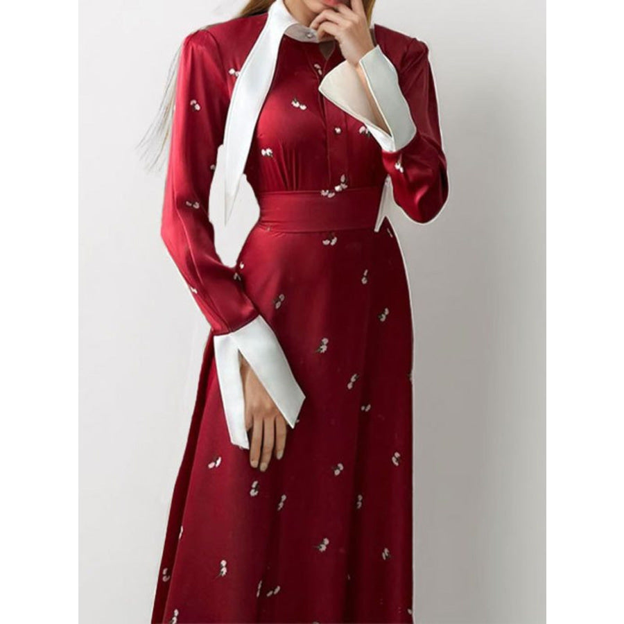 Full Size Contrast Collar Long Sleeve Midi Dress Plus Size Apparel and Accessories