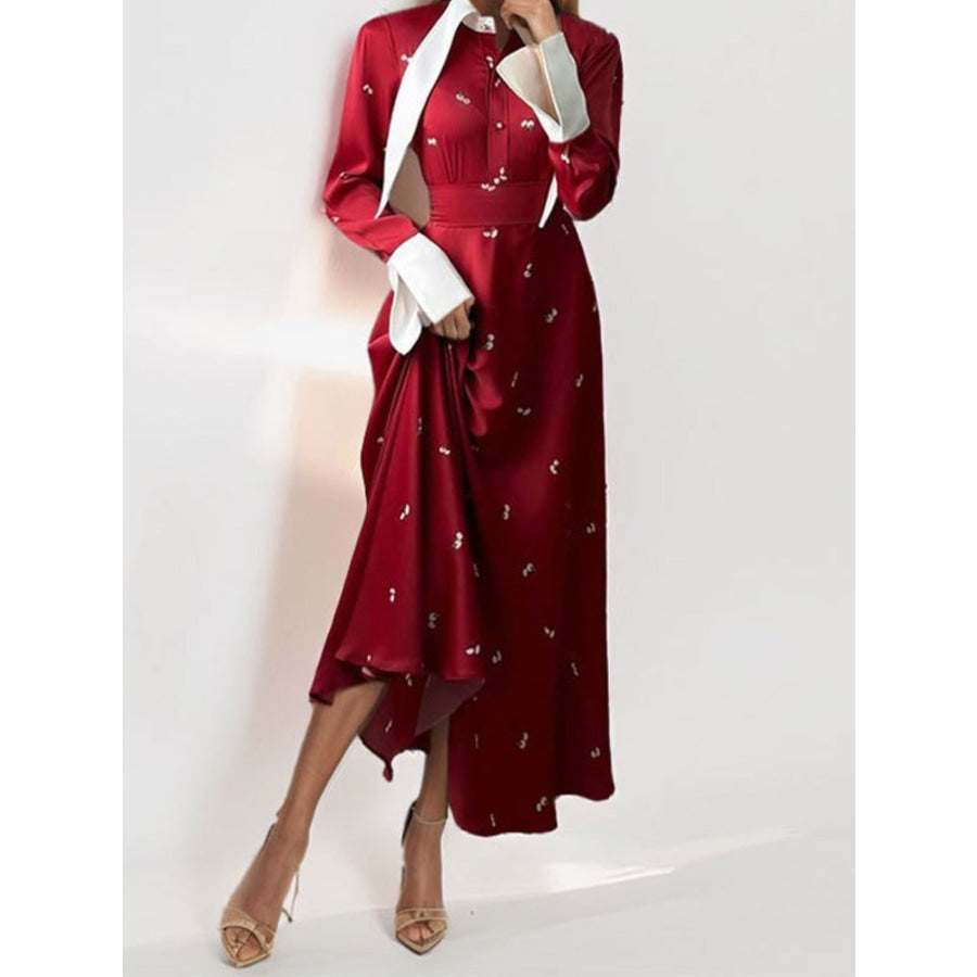 Full Size Contrast Collar Long Sleeve Midi Dress Plus Size Burgundy / S Apparel and Accessories