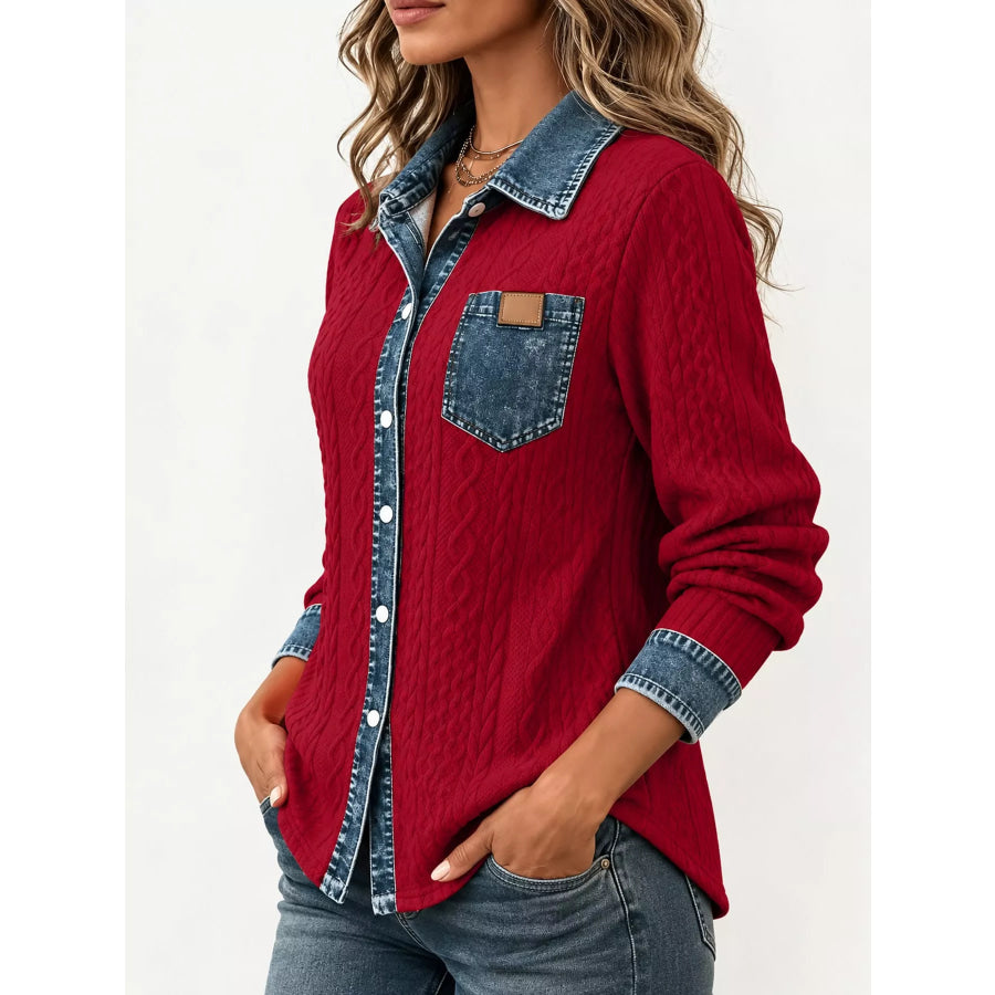 Full Size Contrast Denim Trim Textured Button-Down Shirt Plus Apparel and Accessories