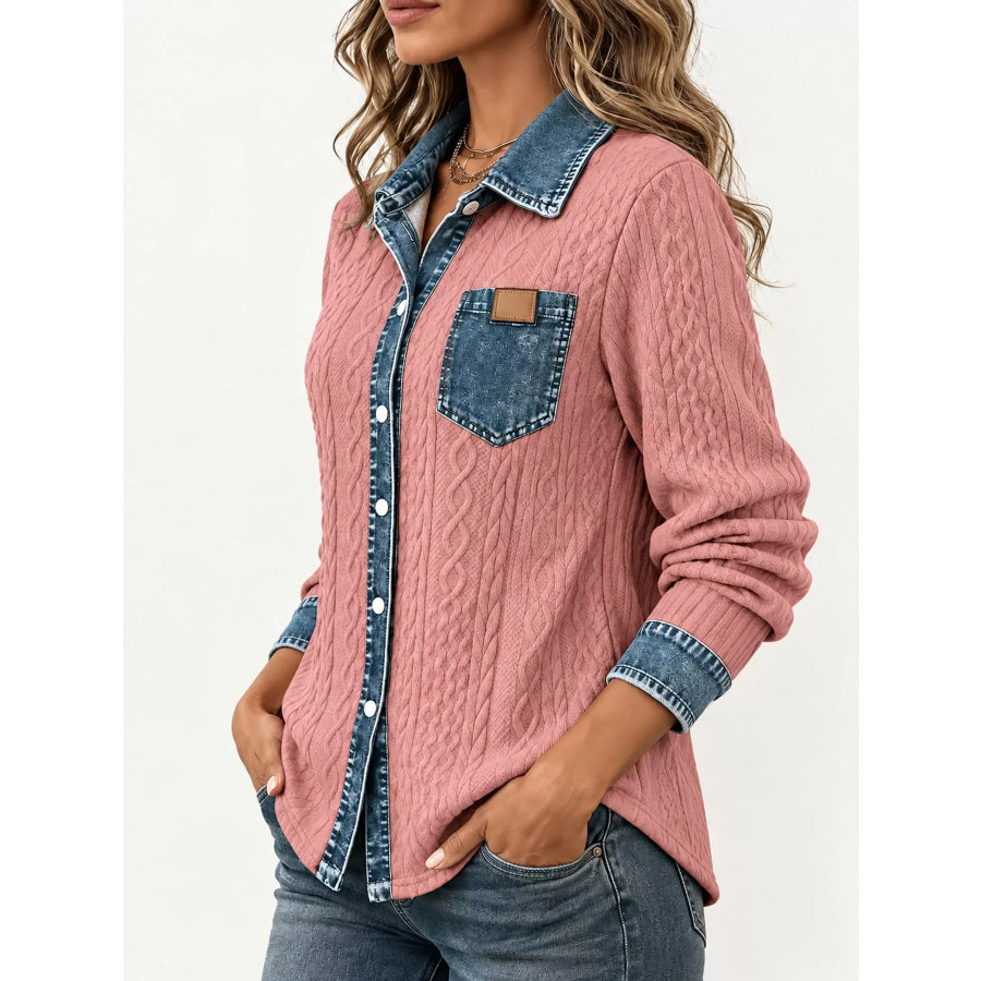 Full Size Contrast Denim Trim Textured Button-Down Shirt Plus Apparel and Accessories